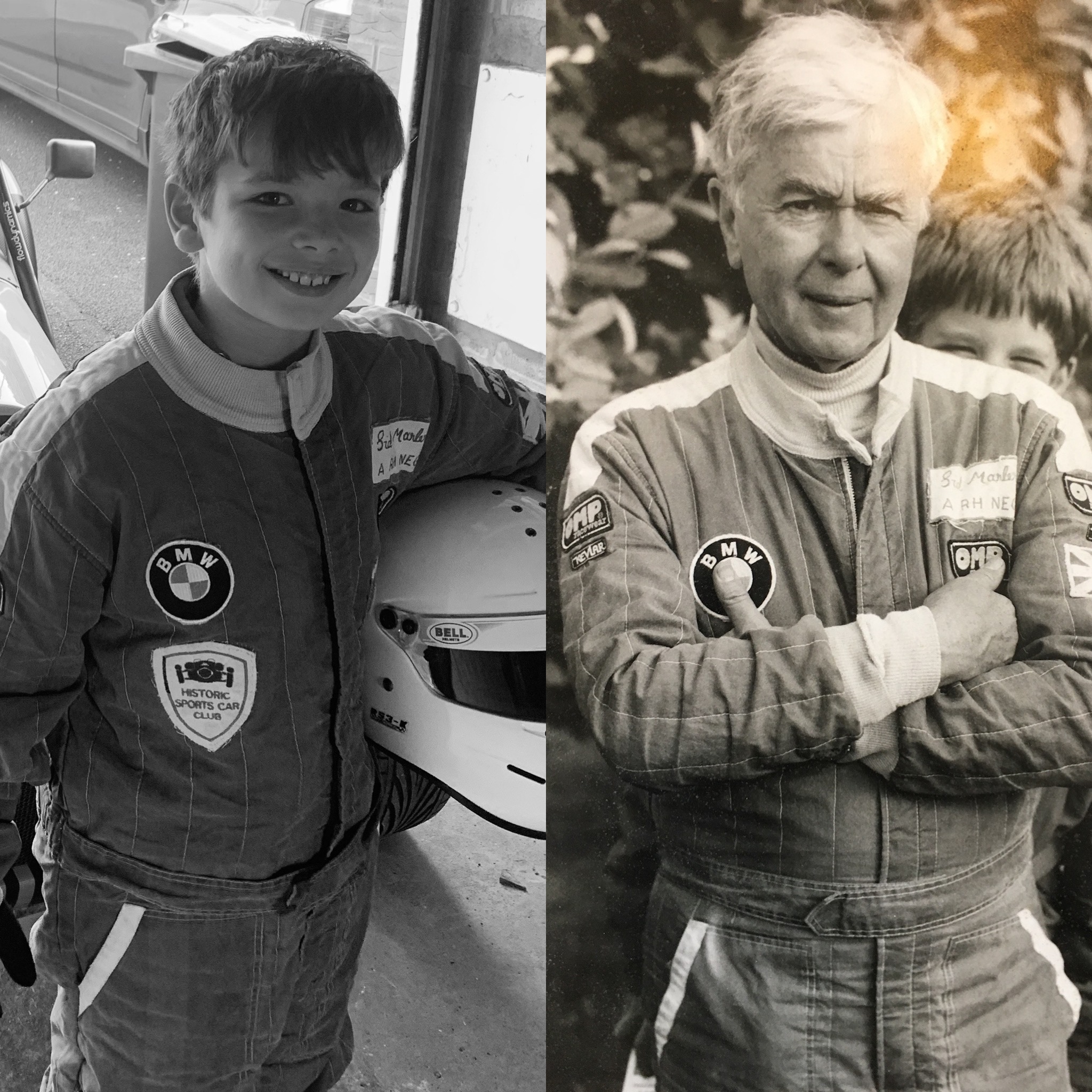 The same set of overalls, worn a generation apart